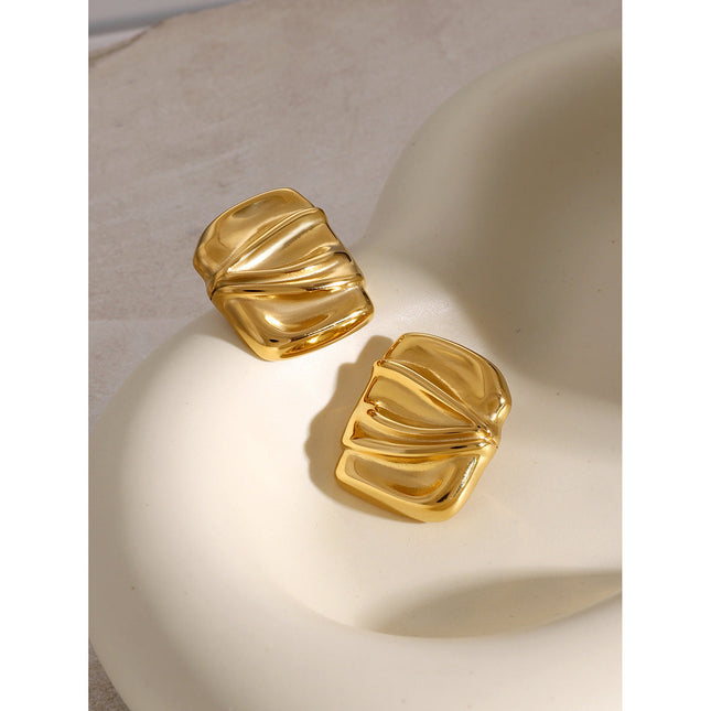 Premium 18k gold stainless steel rectangular pleated earrings women's ins unique niche design geometric titanium steel earrings