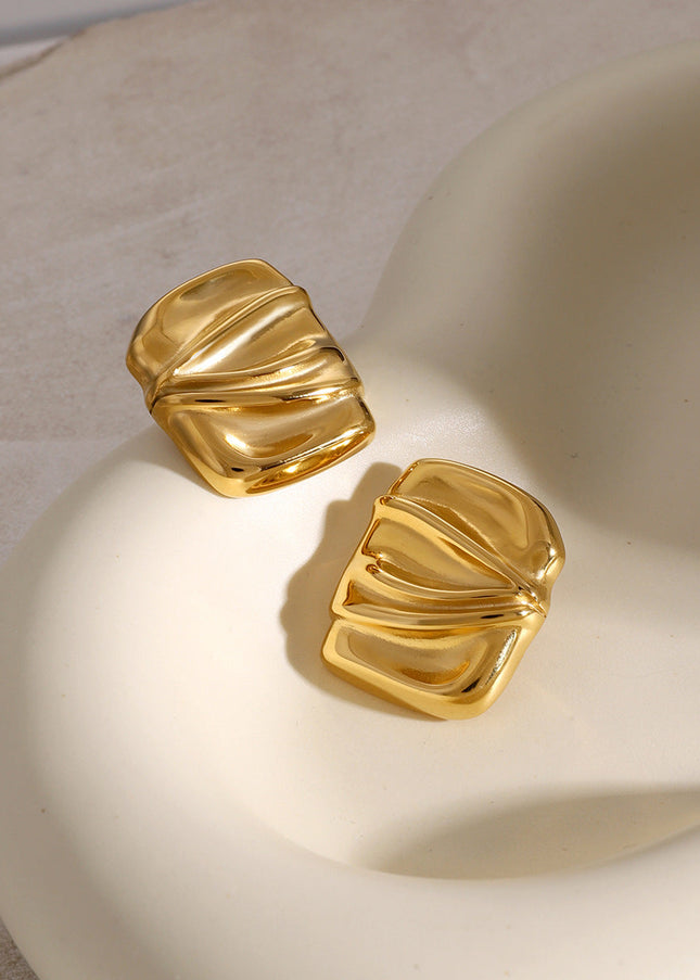 Premium 18k gold stainless steel rectangular pleated earrings women's ins unique niche design geometric titanium steel earrings