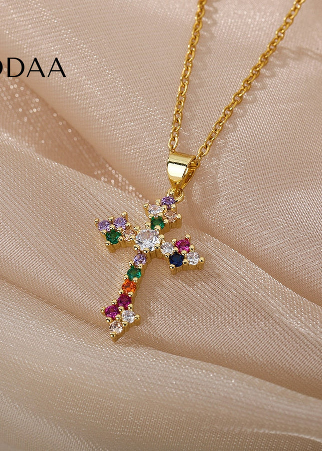 Monmont Pendant Necklace | Gold Cross Colorful Zirconia Chain - Gold - Necklaces