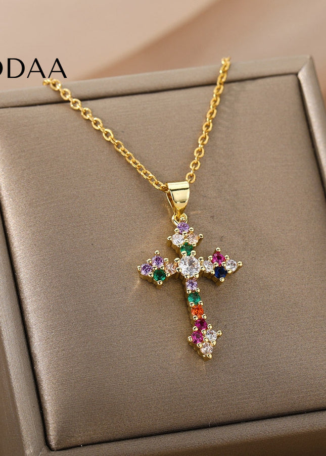 Monmont Pendant Necklace | Gold Cross Colorful Zirconia Chain - Gold - Necklaces