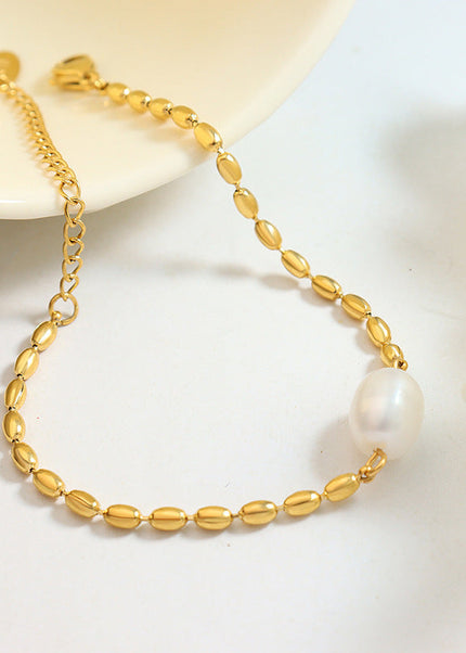 Korean freshwater pearl splicing, rice bead temperament, metal chain bracelet, neutral style, personality and non-fading girlfriend hand ornament