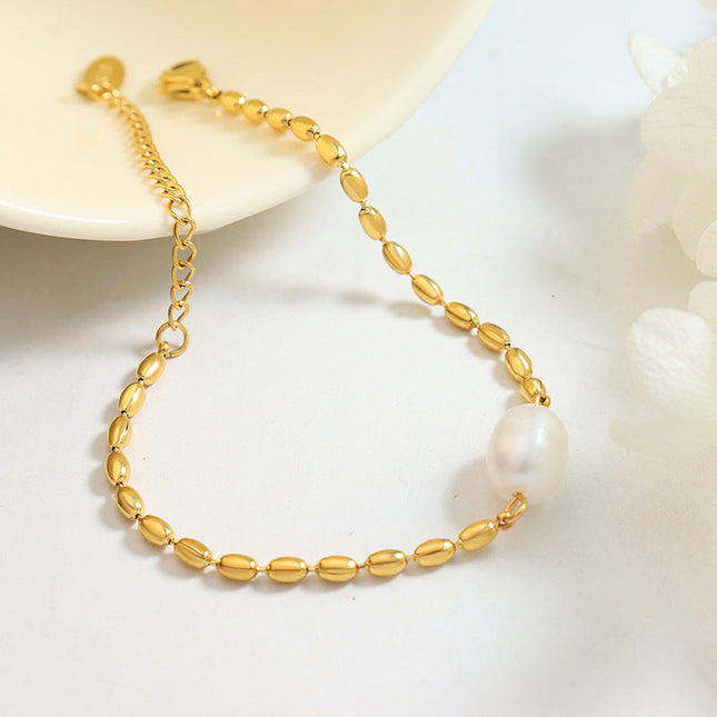 Korean freshwater pearl splicing, rice bead temperament, metal chain bracelet, neutral style, personality and non-fading girlfriend hand ornament