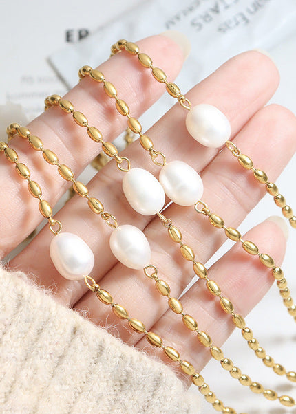 Korean freshwater pearl splicing, rice bead temperament, metal chain bracelet, neutral style, personality and non-fading girlfriend hand ornament