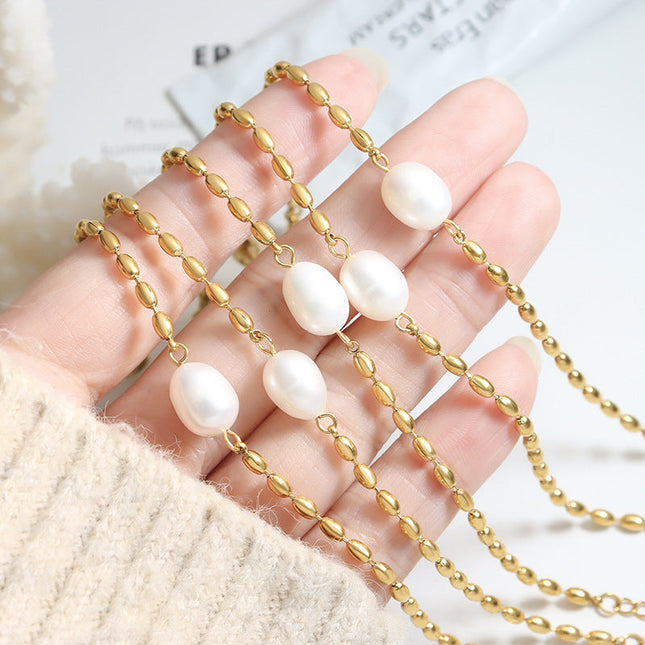 Korean freshwater pearl splicing, rice bead temperament, metal chain bracelet, neutral style, personality and non-fading girlfriend hand ornament