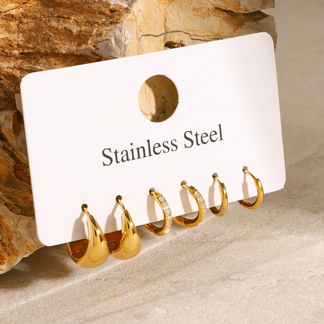 Jieding European and American three pairs of stainless steel circle earrings high-end niche earrings, rhinestone earrings, titanium steel earrings cross-border