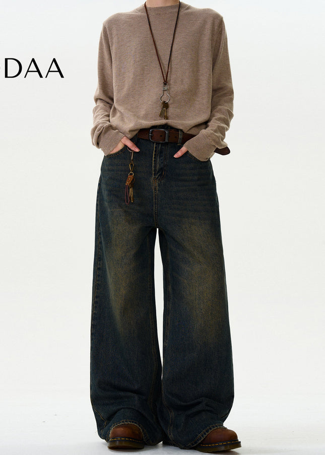 Mud Dye Distressed Loose Wide-Leg Jeans for All - S / Dark Blue - Men’s Jeans