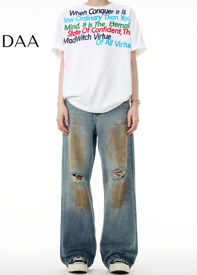 Mud Dyed Distressed Ripped Jeans Men’s MADWITCH Style - S / Vintage Blue - Men’s Jeans