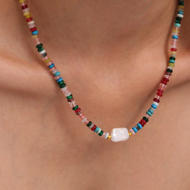 Enigmatic Bohemian abacus beads colored natural stone baroque pearl necklace handmade beaded clavicle necklace women