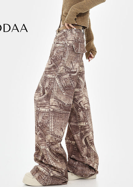 Multi-Color Loose Fit Tie-Dye Wide-Leg Jeans - S / Khaki - Women’s Jeans