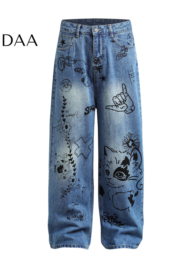Multi-Color Oversized Graffiti Print Straight Leg Jeans - Dark Blue / S - Men’s Jeans