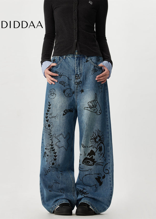 Multi-Color Oversized Graffiti Print Straight Leg Jeans - Men’s Jeans