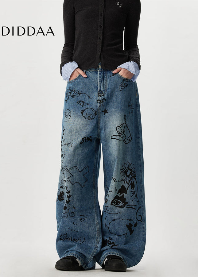Multi-Color Oversized Graffiti Print Straight Leg Jeans - Men’s Jeans