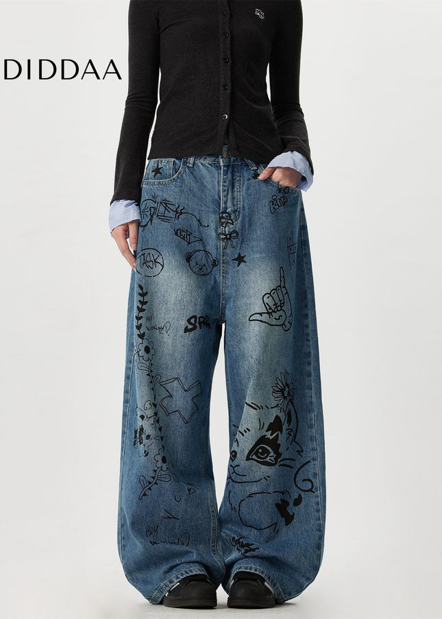 Multi-Color Oversized Graffiti Print Straight Leg Jeans - Men’s Jeans