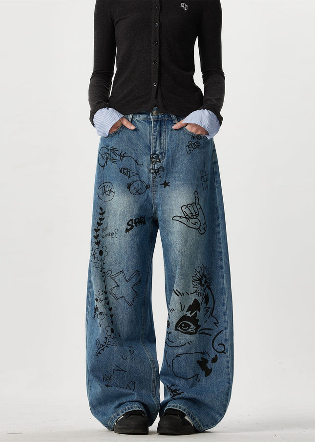 Multi-Color Oversized Graffiti Print Straight Leg Jeans - Men’s Jeans