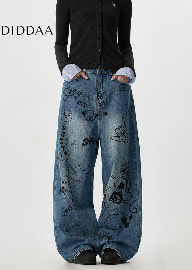 Multi-Color Oversized Graffiti Print Straight Leg Jeans - Men’s Jeans