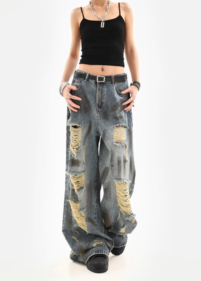Multi-Colored Distressed Vintage Ripped Wide-Leg Jeans - Women’s Jeans