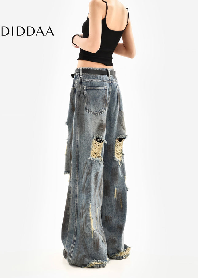 Multi-Colored Distressed Vintage Ripped Wide-Leg Jeans - Women’s Jeans
