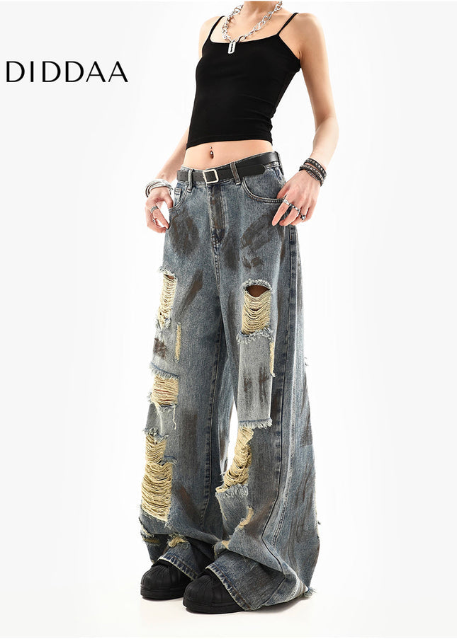 Multi-Colored Distressed Vintage Ripped Wide-Leg Jeans - Women’s Jeans