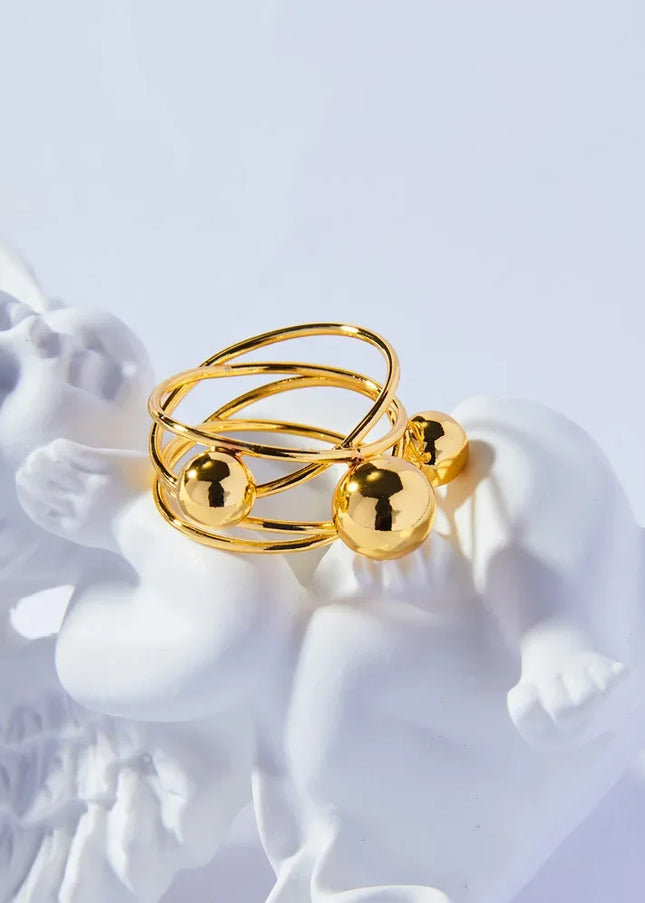 French vintage personality versatile multi-layer line stacking style ring niche gold bead titanium steel gold-plated index finger ring