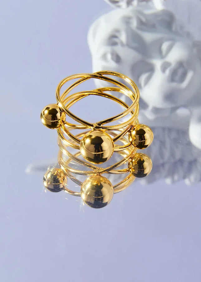 French vintage personality versatile multi-layer line stacking style ring niche gold bead titanium steel gold-plated index finger ring