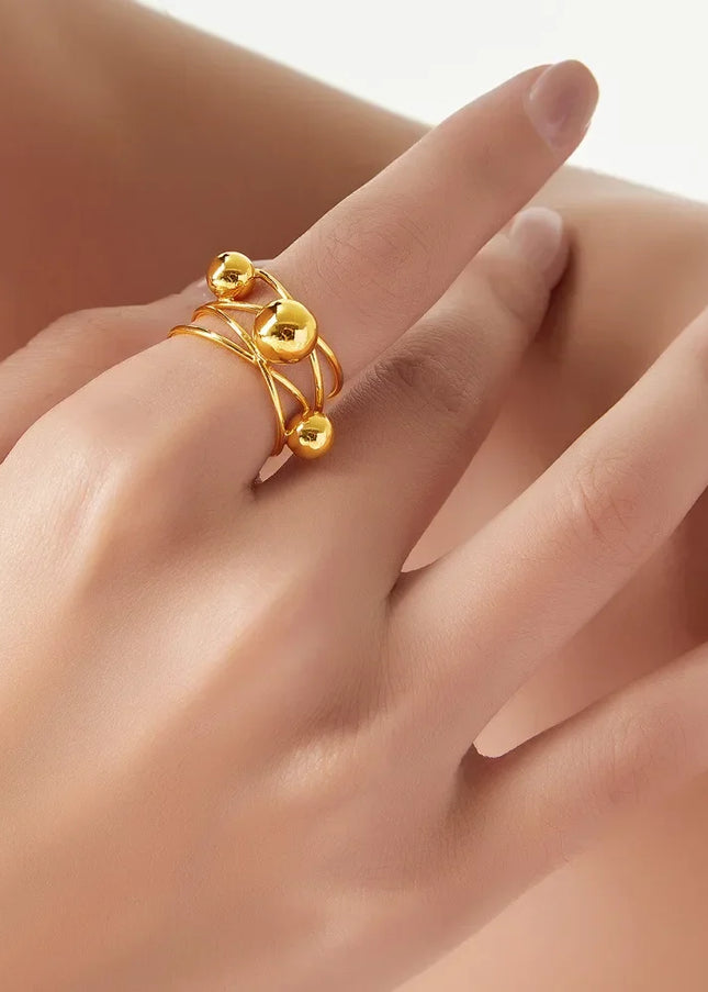 French vintage personality versatile multi-layer line stacking style ring niche gold bead titanium steel gold-plated index finger ring