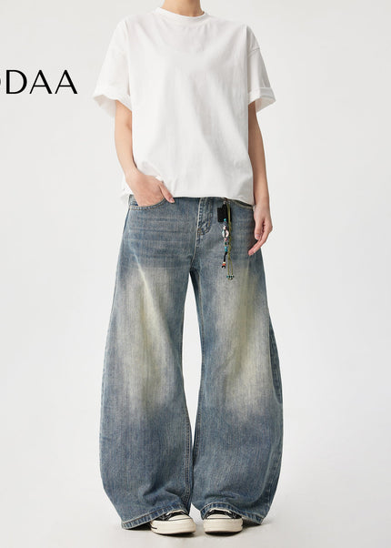 Natural Bamboo Pattern Loose Fit Wide Leg Jeans - Mid Blue / S - Men’s Jeans
