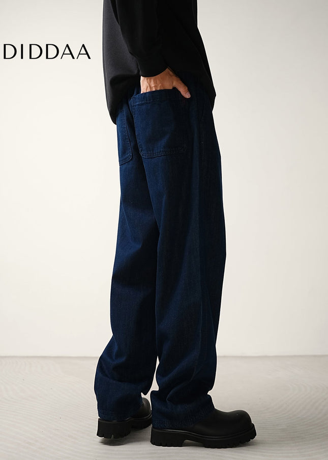 Navy Blue Loose Drape Jeans Men’s Elasticated Waist Pants - Men’s Jeans