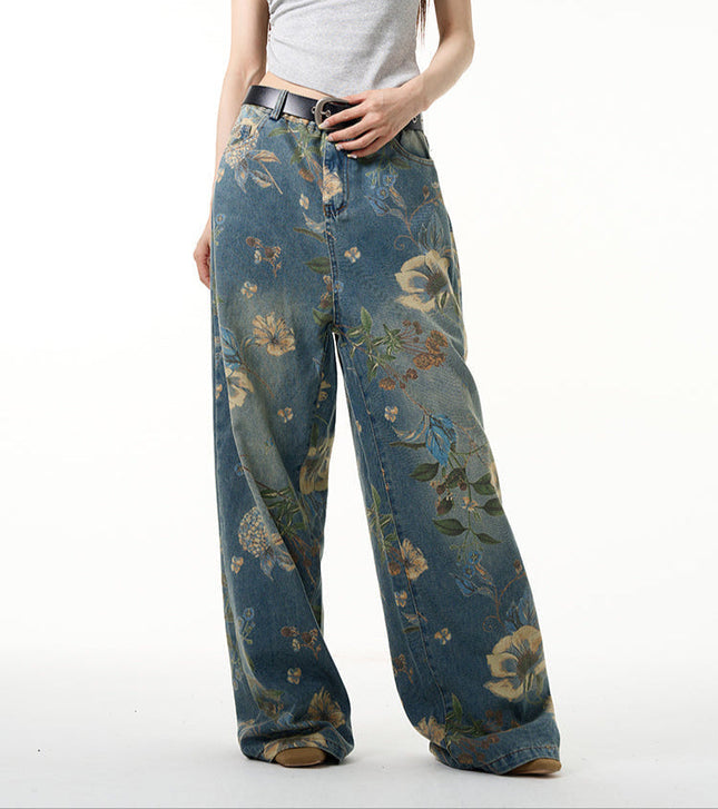Navy Floral Printed Jeans with Loose Fit Design - Women’s Jeans