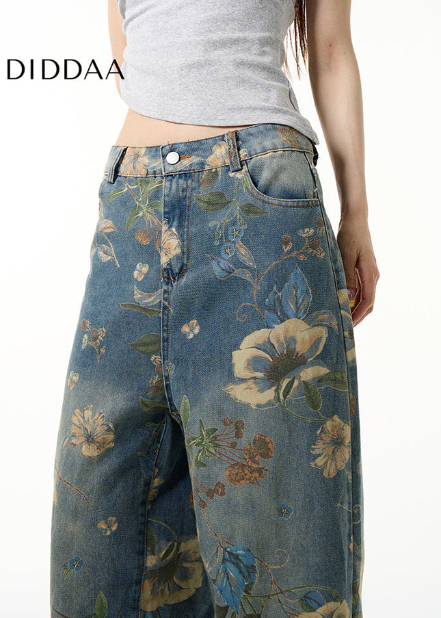 Navy Floral Printed Jeans with Loose Fit Design - Women’s Jeans