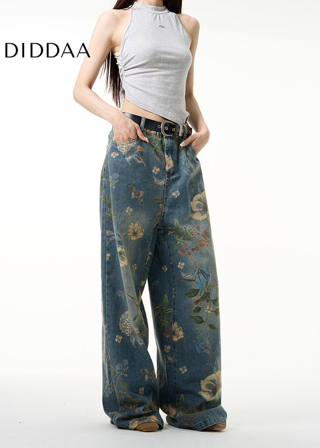 Navy Floral Printed Jeans with Loose Fit Design - Women’s Jeans