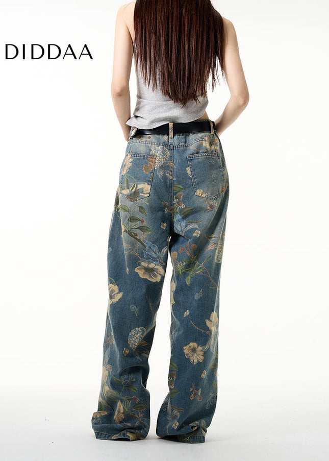 Navy Floral Printed Jeans with Loose Fit Design - Women’s Jeans