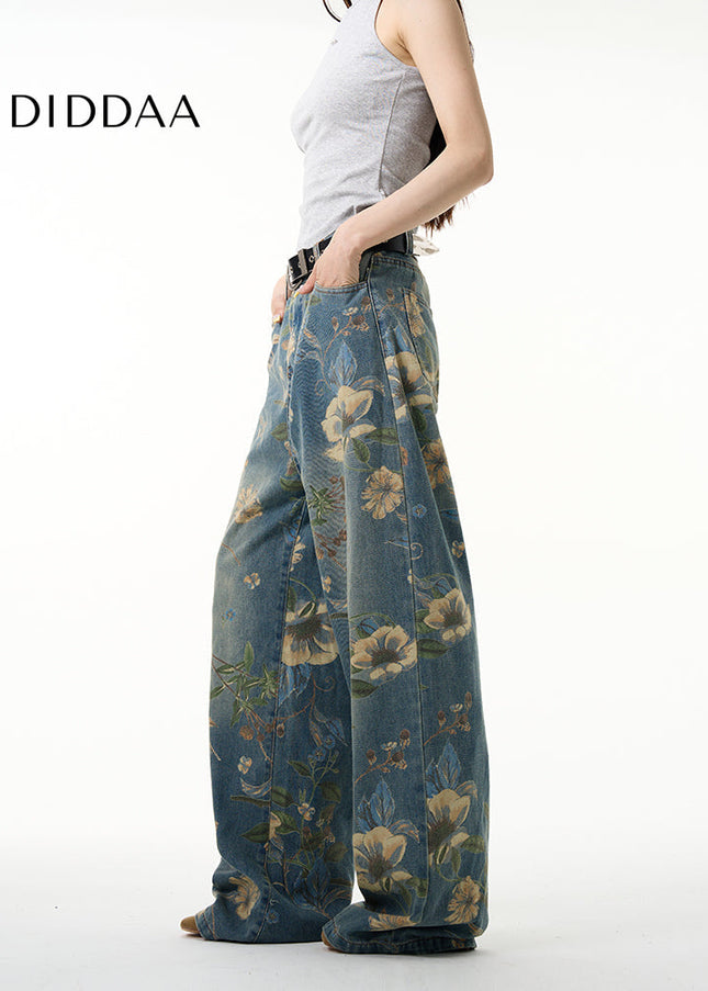 Navy Floral Printed Jeans with Loose Fit Design - Women’s Jeans