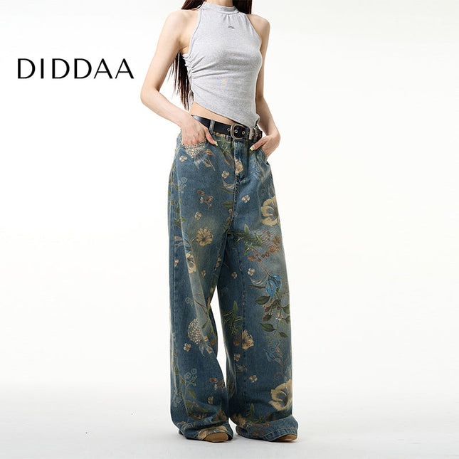 Navy Floral Printed Jeans with Loose Fit Design - XS / Mid Blue - Women’s Jeans