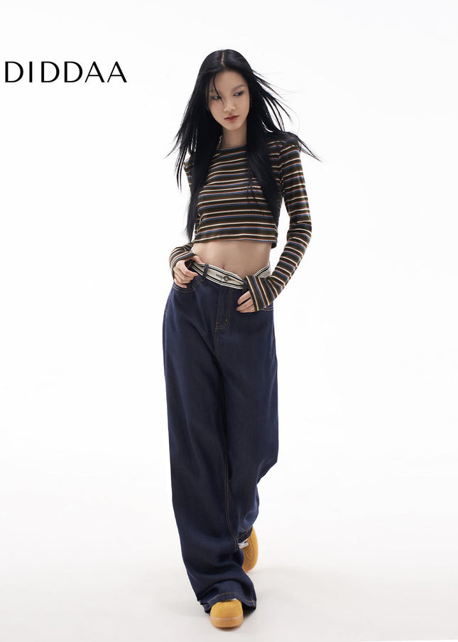 Navy High Waist Loose Drape Wide Leg Jeans Women - Women’s Jeans