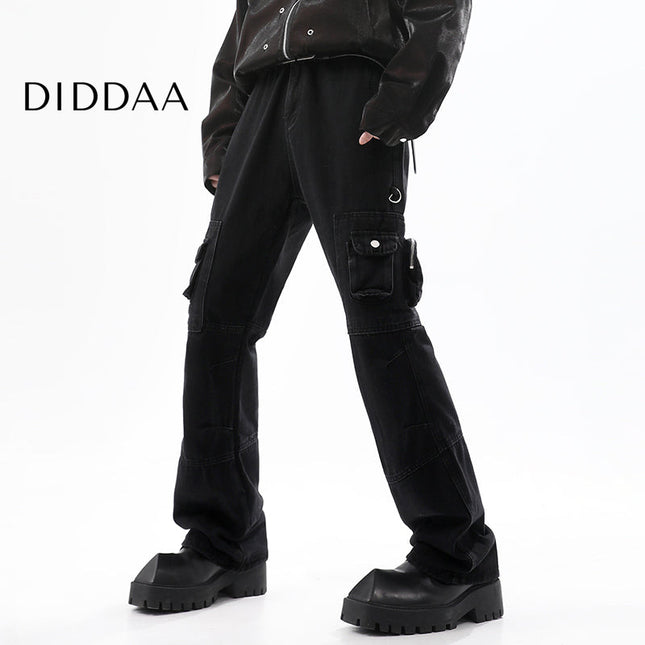 Navy Multi-Pocket Cargo Pants with Thin Straight Fit - M / Black - Men’s Jeans