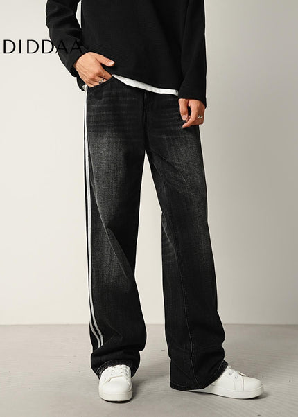 Navy Retro Panelled Side-Striped Loose Wide-Leg Jeans - Men’s Jeans