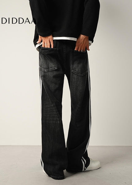Navy Retro Panelled Side-Striped Loose Wide-Leg Jeans - Men’s Jeans