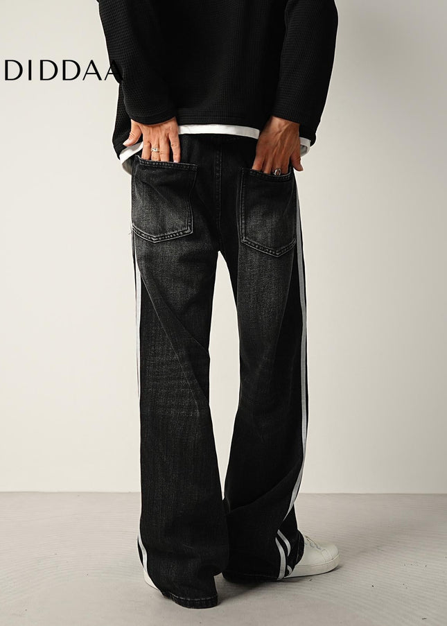 Navy Retro Panelled Side-Striped Loose Wide-Leg Jeans - Men’s Jeans