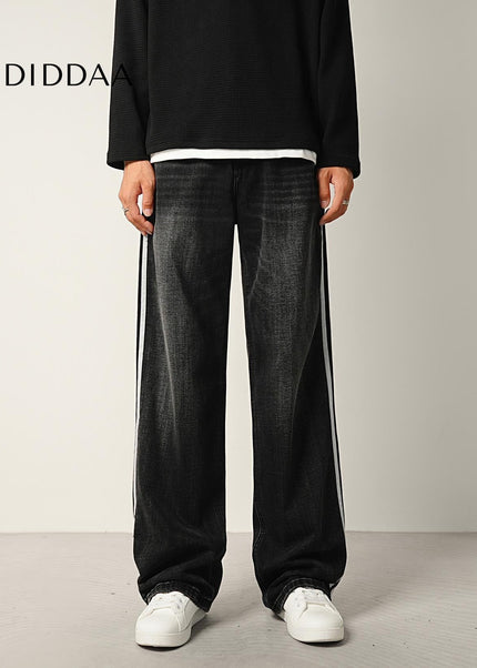 Navy Retro Panelled Side-Striped Loose Wide-Leg Jeans - Men’s Jeans