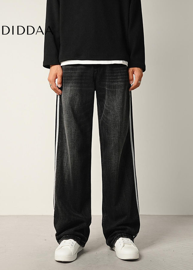 Navy Retro Panelled Side-Striped Loose Wide-Leg Jeans - Men’s Jeans