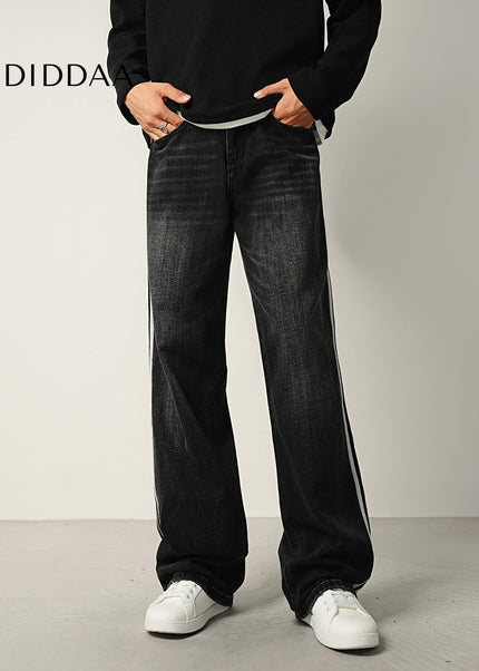 Navy Retro Panelled Side-Striped Loose Wide-Leg Jeans - Men’s Jeans