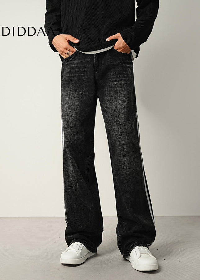Navy Retro Panelled Side-Striped Loose Wide-Leg Jeans - Men’s Jeans