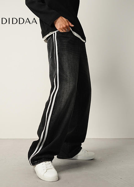 Navy Retro Panelled Side-Striped Loose Wide-Leg Jeans - Men’s Jeans