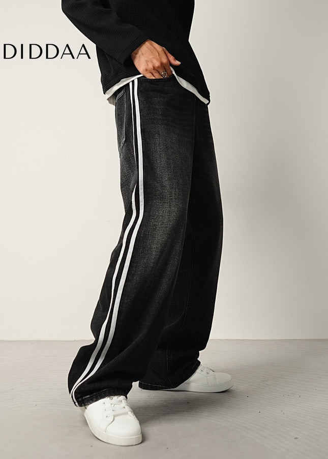 Navy Retro Panelled Side-Striped Loose Wide-Leg Jeans - Men’s Jeans
