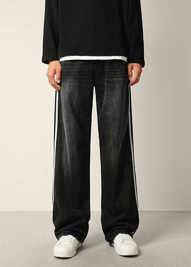 Navy Retro Panelled Side-Striped Loose Wide-Leg Jeans - S / Black - Men’s Jeans