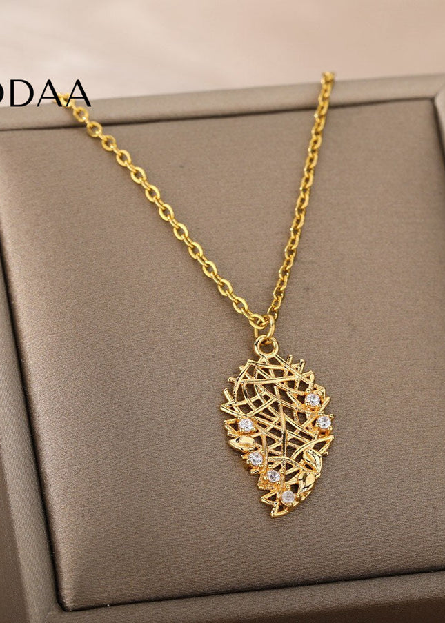 Nested Pendant Necklace | Gold Leaf Zirconia Chain - Necklaces