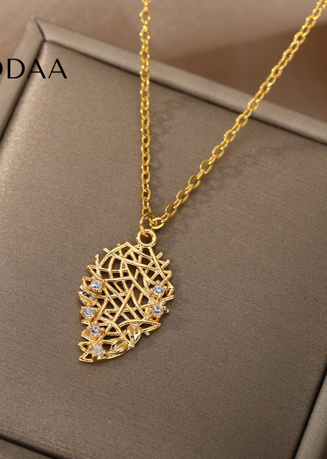 Nested Pendant Necklace | Gold Leaf Zirconia Chain - Necklaces