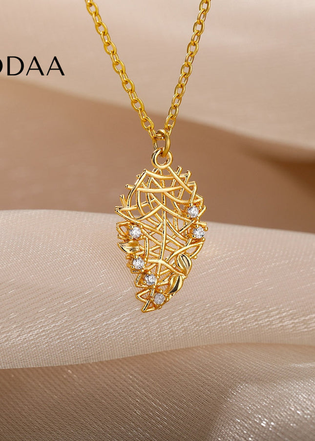 Nested Pendant Necklace | Gold Leaf Zirconia Chain - Necklaces