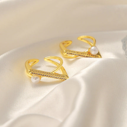 New cross-border personality simple niche design copper material geometric set diamond imitation pearl open ring jewelry wholesale