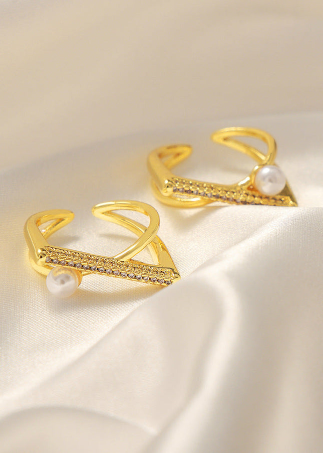New cross-border personality simple niche design copper material geometric set diamond imitation pearl open ring jewelry wholesale